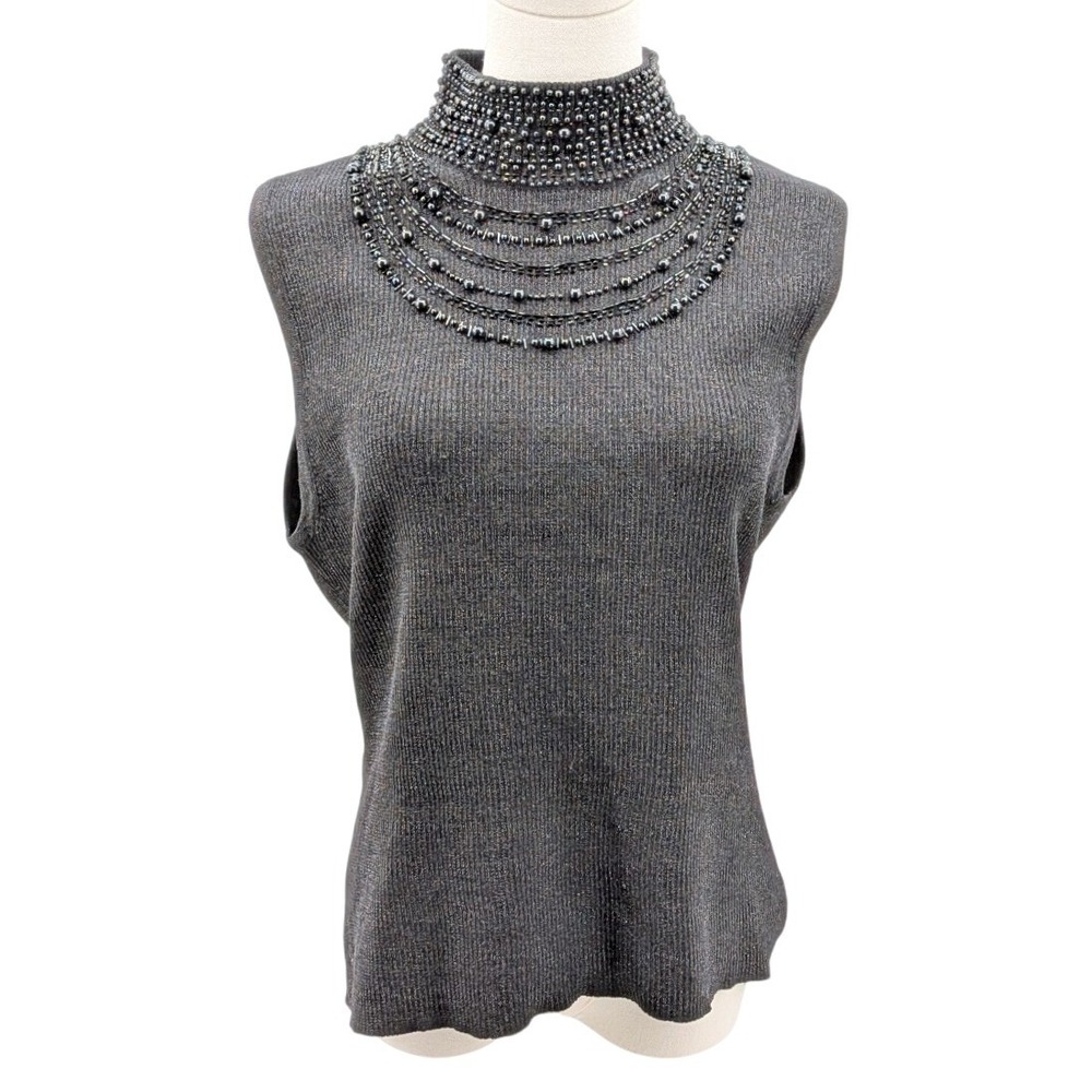 Silk Metallic Knit Sleeveless Mock Neck Beaded Statement Top Black XL